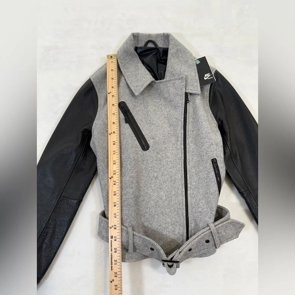 NWT Nike NSW Womens Size XS Gray Wool Destroyer Jacket Moto Bomber Leather